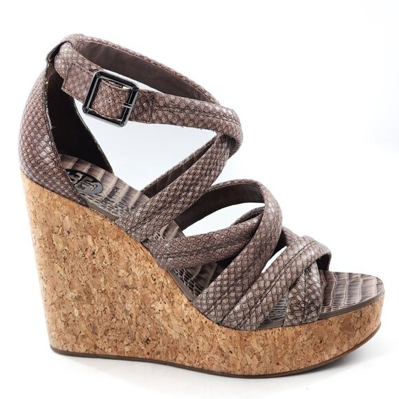 Tory Burch Shoes - TORY BURCH Taupe Python Embossed Leather Cork Wedge Strappy Sandals